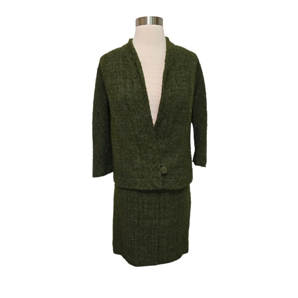 1950s Vintage Womens Skirt Blazer Jacket Suit Set Green Tweed By Jack Bloom
